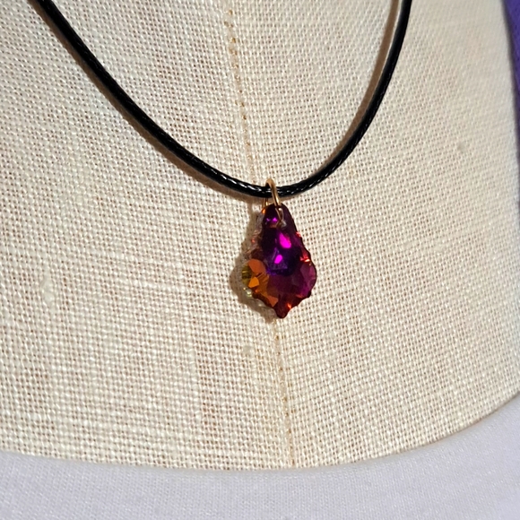 Hand Crafted Jewelry - Crystal Charm Pink Pendant on Short Black Cord Necklace